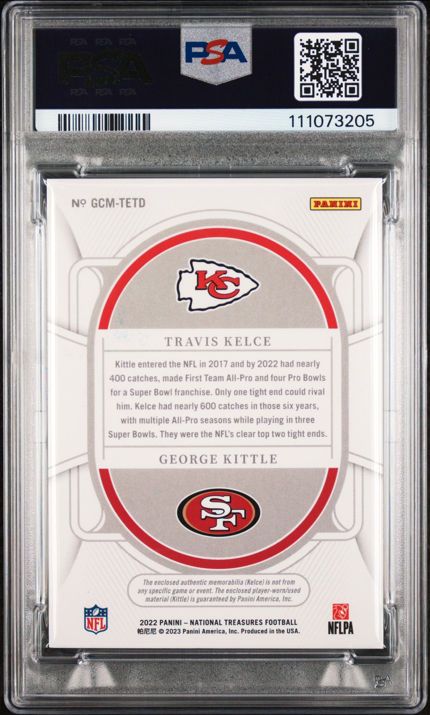 Travis Kelce & George Kittle Signed 2022 NT GC Mat #TETD Card Grade 9 PSA Slab 1