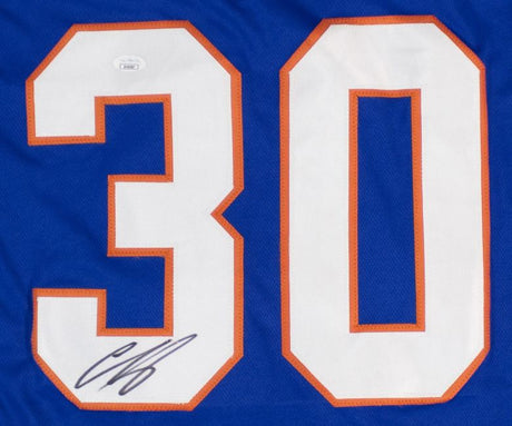 The Ilya Sorokin New York Signed Blue Hockey Jersey by Sports Integrity features a large white and orange-trimmed number 30, with Sorokin's autograph in black marker on the lower left of the "3." Includes JSA hologram.
