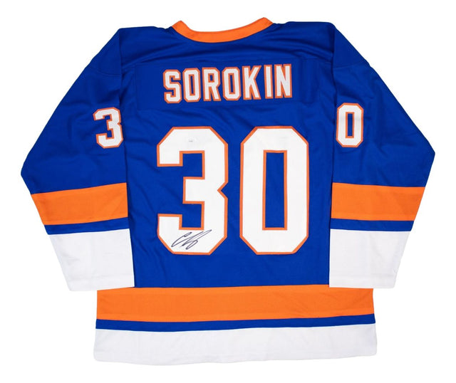 The Sports Integrity Ilya Sorokin New York blue hockey jersey features orange and white accents, SOROKIN and number 30 on the back, with the number signed in black ink. Includes JSA Hologram.