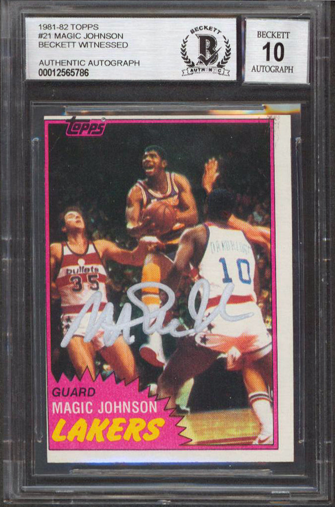 Lakers Magic Johnson Signed 1981 Topps #21 Card Auto Grade 10 BAS Slab #12565786
