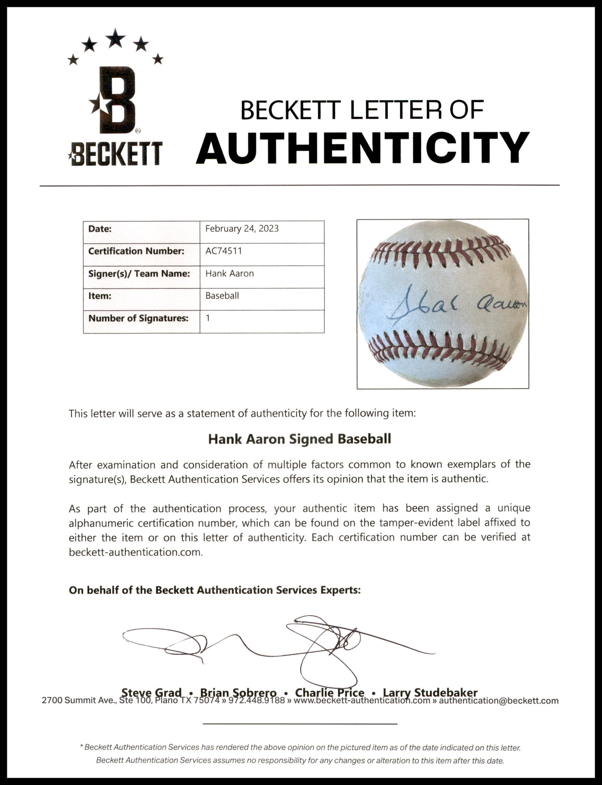 Hank Aaron Autographed Official NL Baseball Atlanta Braves Beckett BAS #AC74511