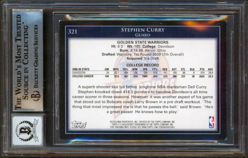 Warriors Stephen Curry Signed 2009 Topps #321 Rookie Card Auto Grade 10 BAS Slab