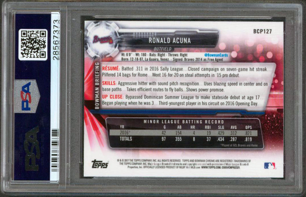Braves Ronald Acuna Jr. 2017 Bowman Chrome #BCP127 Rookie Card Grade 10 PSA Slab