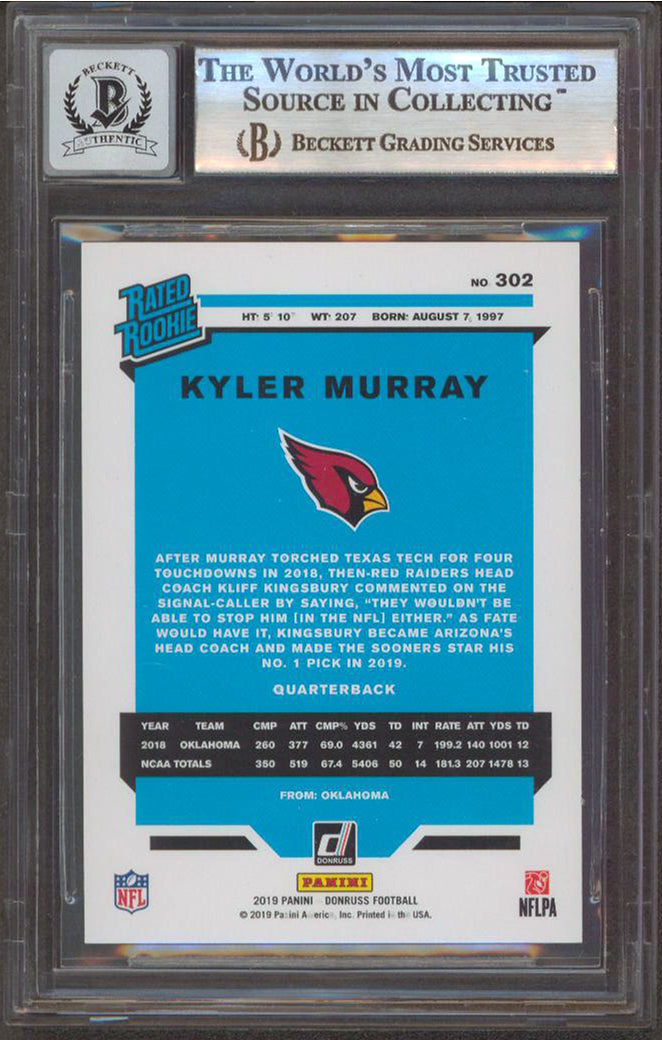 Cardinals Kyler Murray Signed 2019 Donruss #302 Rated RC Card Auto 10! BAS Slab