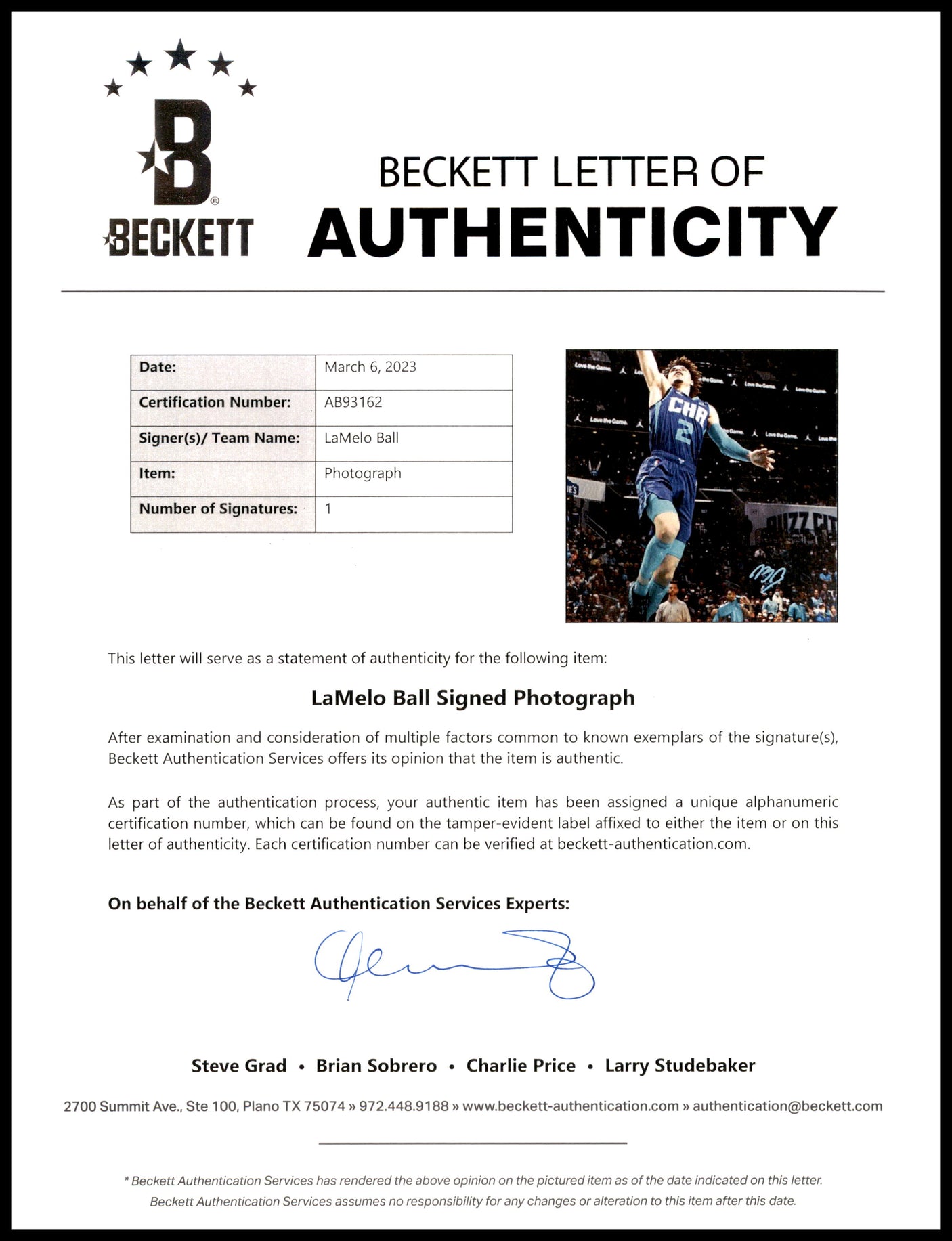 LaMelo Ball Autographed 16x20 Photo Charlotte Hornets Beckett BAS Stock #212975