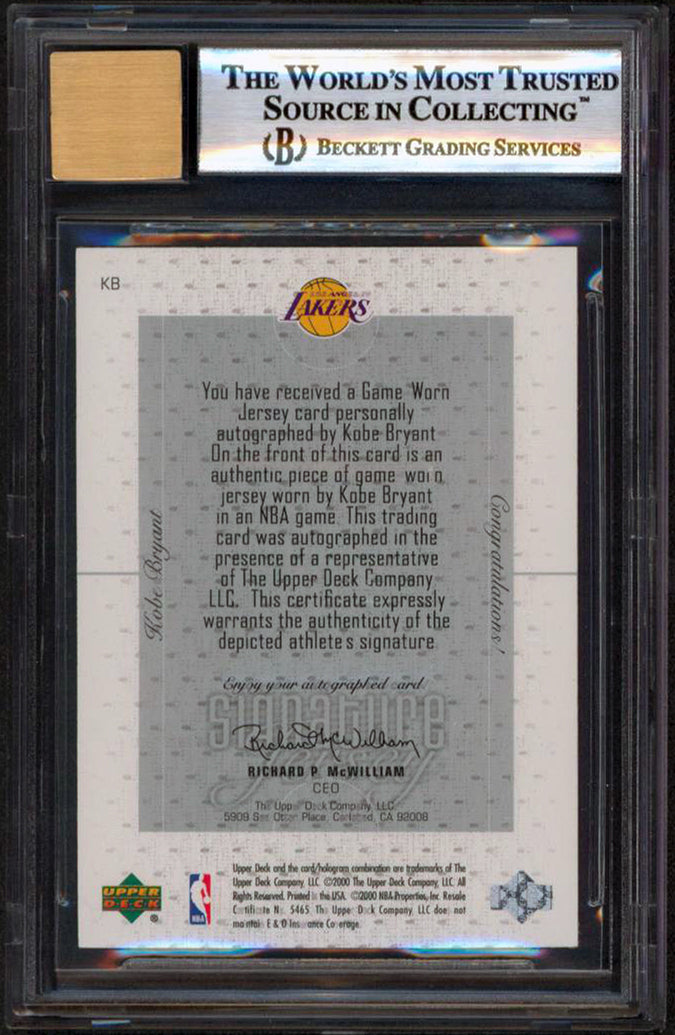 Kobe Bryant Signed 2000 UD P&P Signature Jersey #KB Card Card 9 Auto 10 BAS Slab