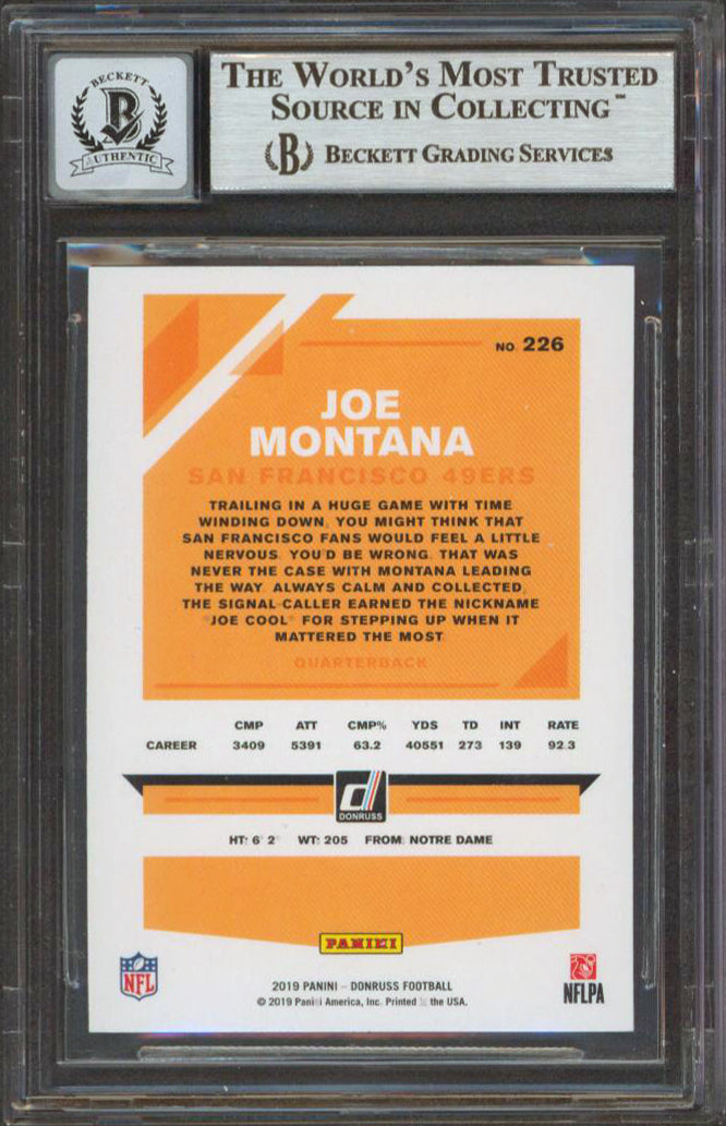 49ers Joe Montana Signed 2019 Donruss #226 Card Auto Graded 10! BAS Slabbed