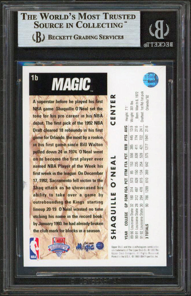 Magic Shaquille O'Neal Signed 1992 Upper Deck #1B Rookie Card BAS Slabbed