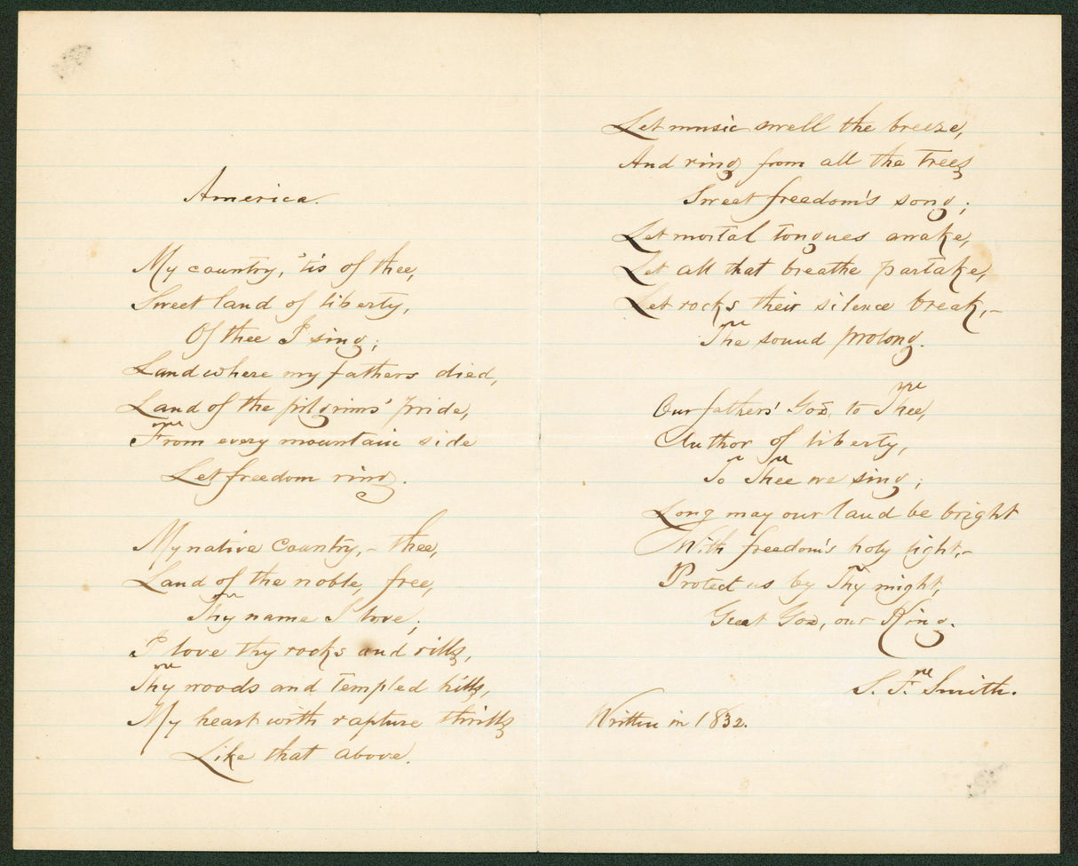 Samuel Francis Smith Signed 8x10 Hand Written Poem Auto Graded 9! BAS #AB14002