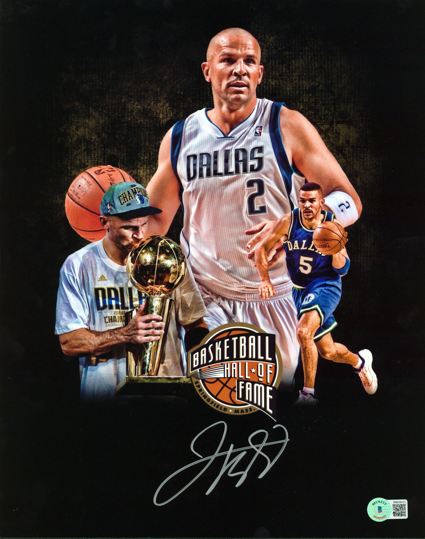 Mavericks Jason Kidd Signed 11x14 Hall Of Fame Custom Art Edit Photo BAS Witness