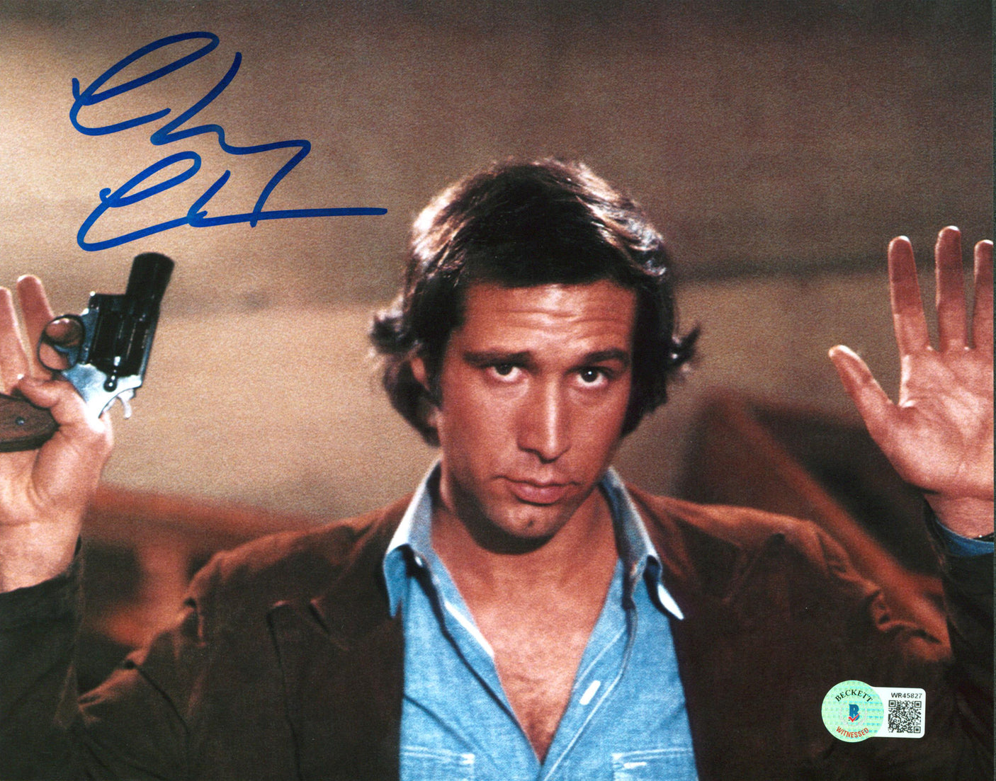 Chevy Chase Fletch Authentic Signed 8x10 Gun In Hand Photo BAS Witnessed
