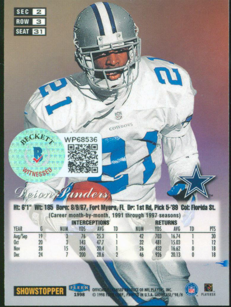 Cowboys Deion Sanders Signed 1998 Flair Showcase Row 3 #31 Card BAS Wit #WP68536