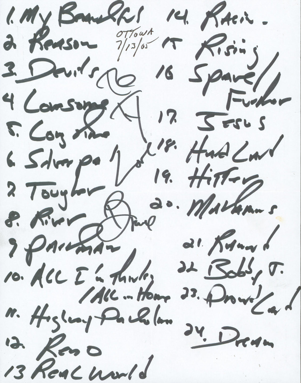Bruce Springsteen Authentic Signed 8.5x11 2005 Handwritten Set List BAS & PSA