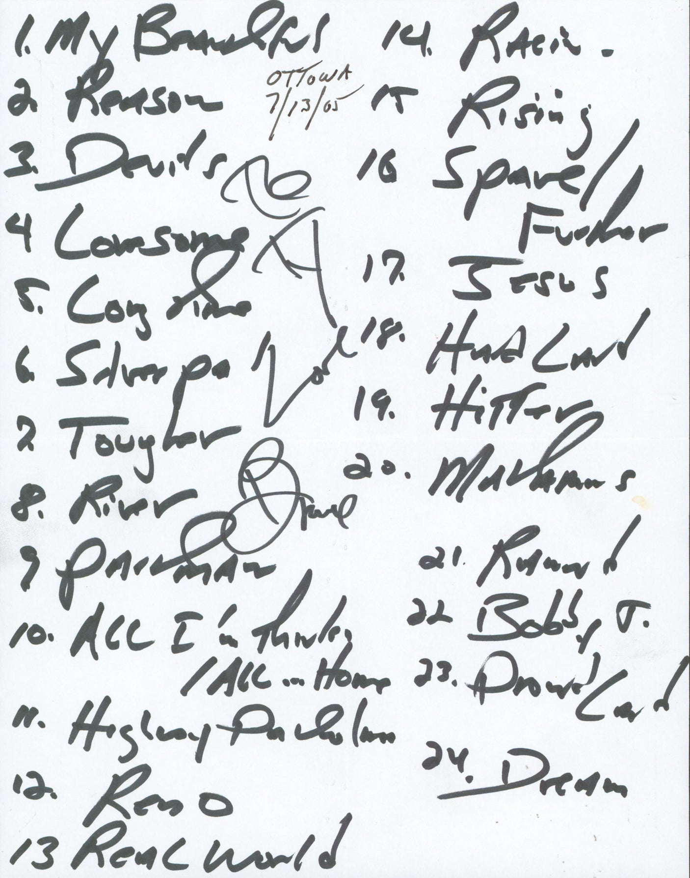 Bruce Springsteen Authentic Signed 8.5x11 2005 Handwritten Set List BAS & PSA