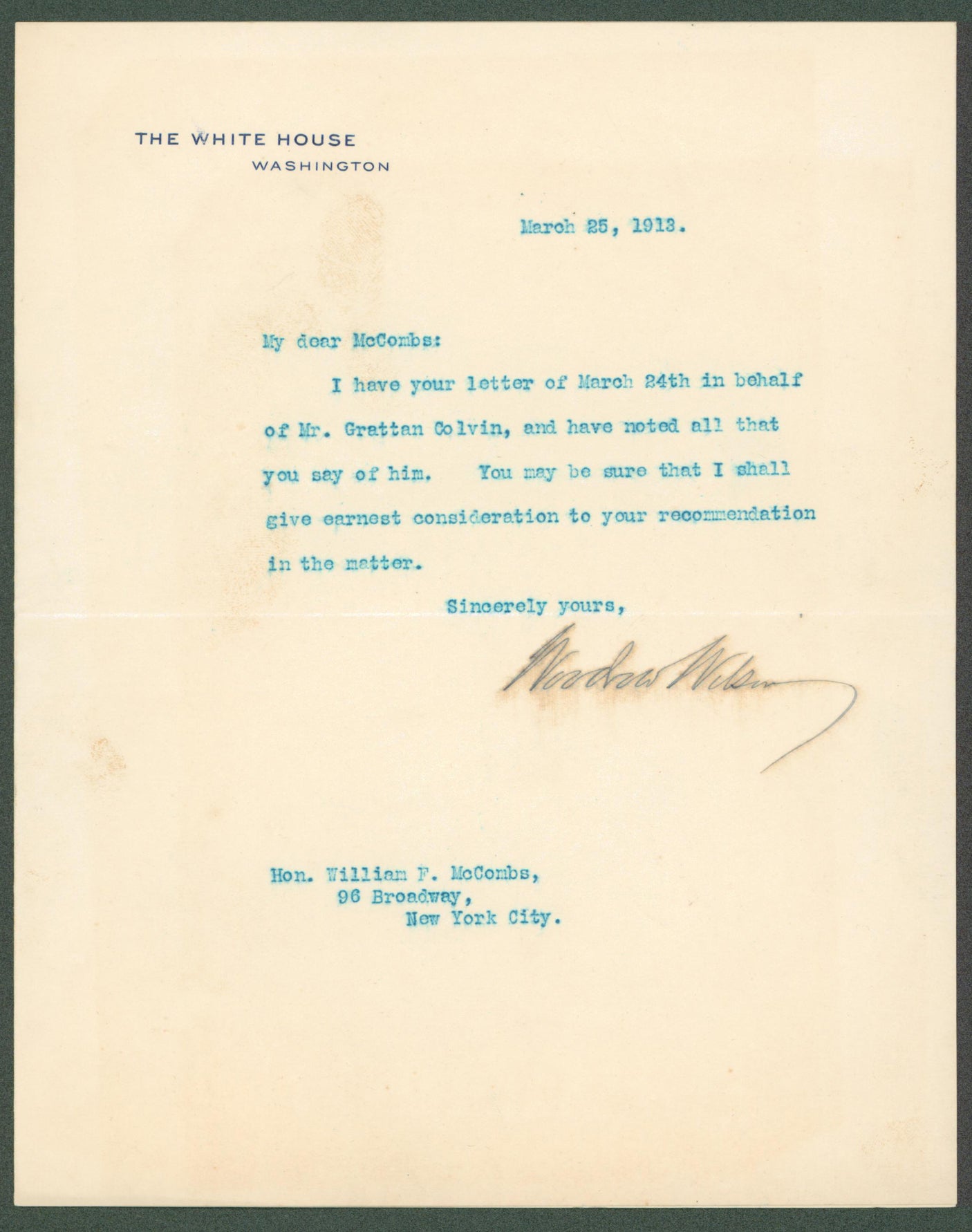 Woodrow Wilson Signed 7x8.8 1913 Letter On White House Letterhead BAS #AB14532