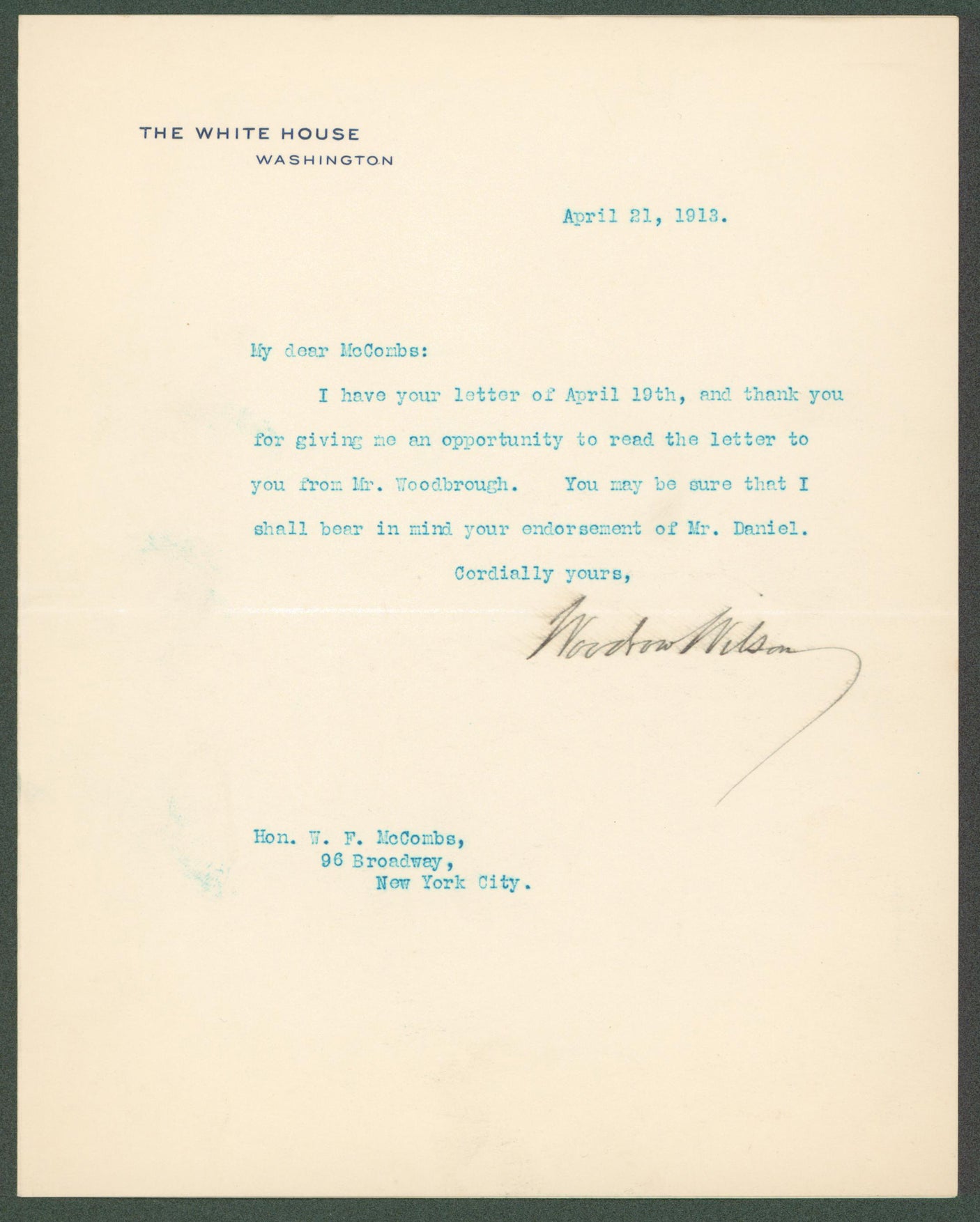 Woodrow Wilson Authentic Signed 7x8.8 Letter Dated April 21, 1913 BAS #AB14534