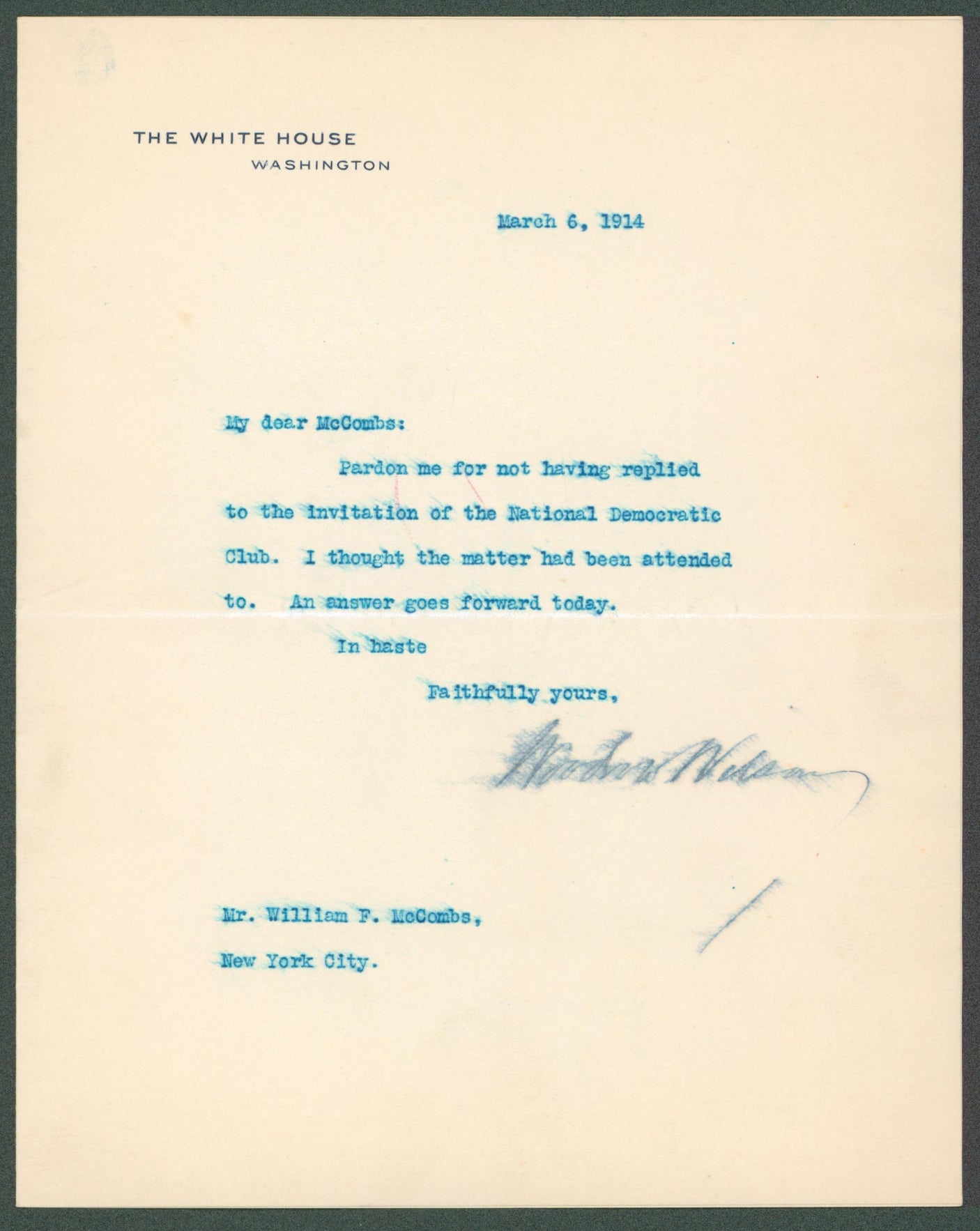 Woodrow Wilson Authentic Signed 7x8.8 Letter Dated March 6, 1914 On White House Letterhead BAS #AB14541