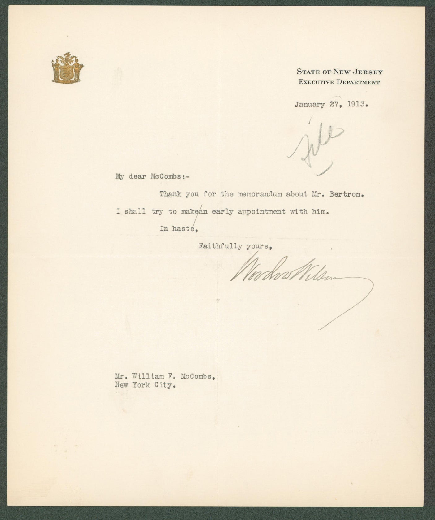 Woodrow Wilson Authentic Signed 7.85x9.5 Letter January 27, 1913 BAS #AB14545