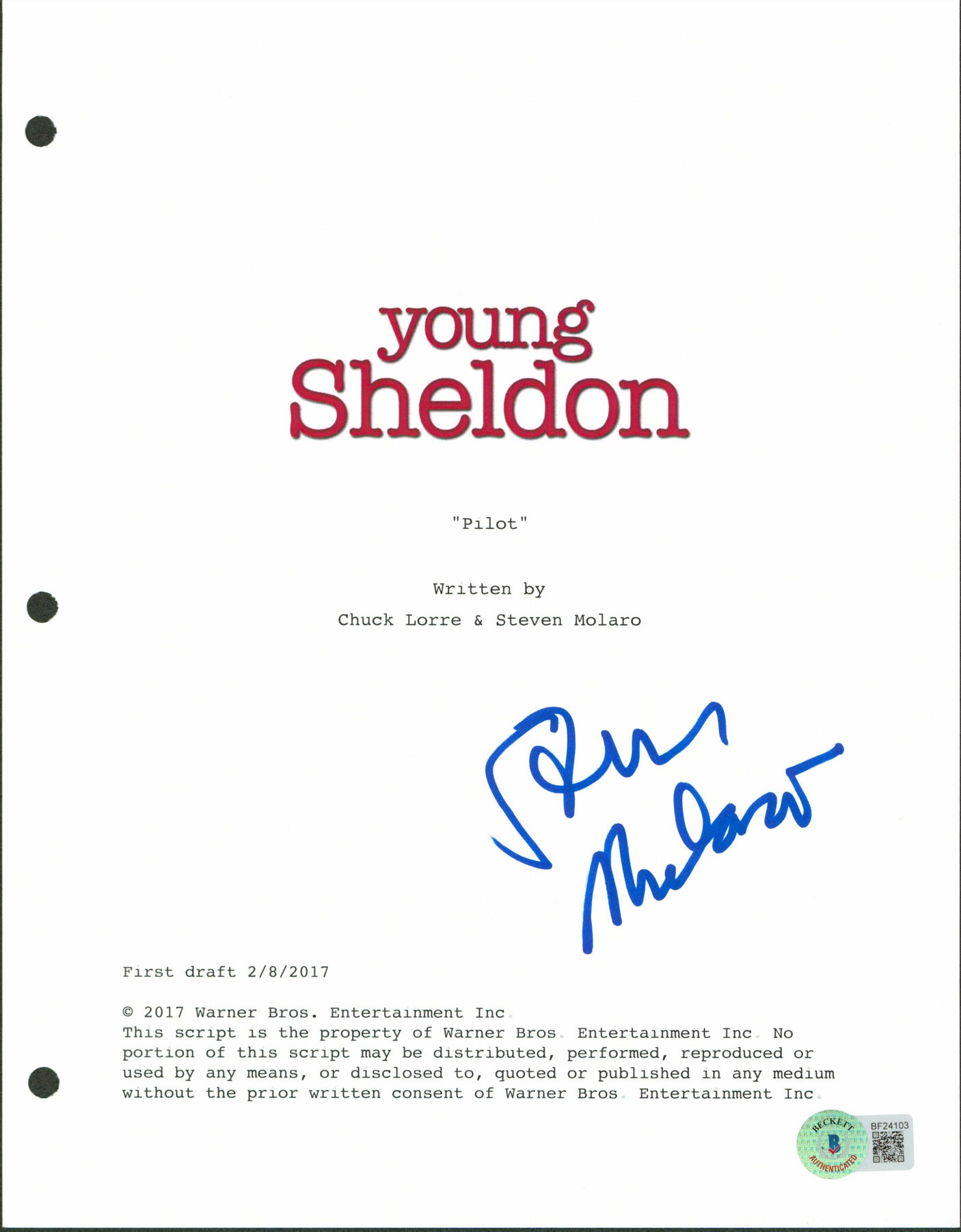 Steven Malaro Authentic Signed 8.5x11 Young Sheldon Script Cover BAS #BF24103