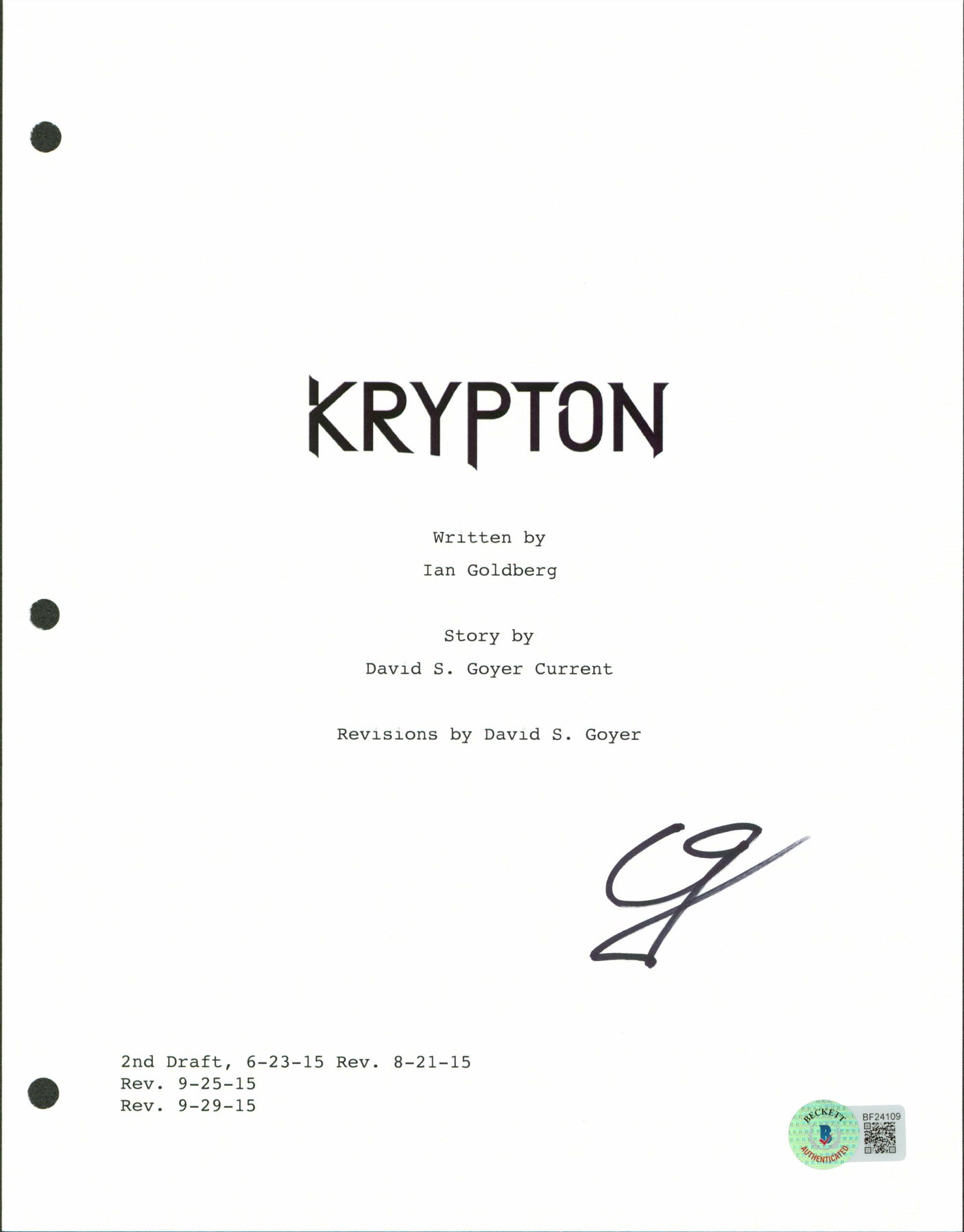 Cameron Cuffe Krypton Authentic Signed 8.5x11 Krypton Script Cover BAS #BF24109