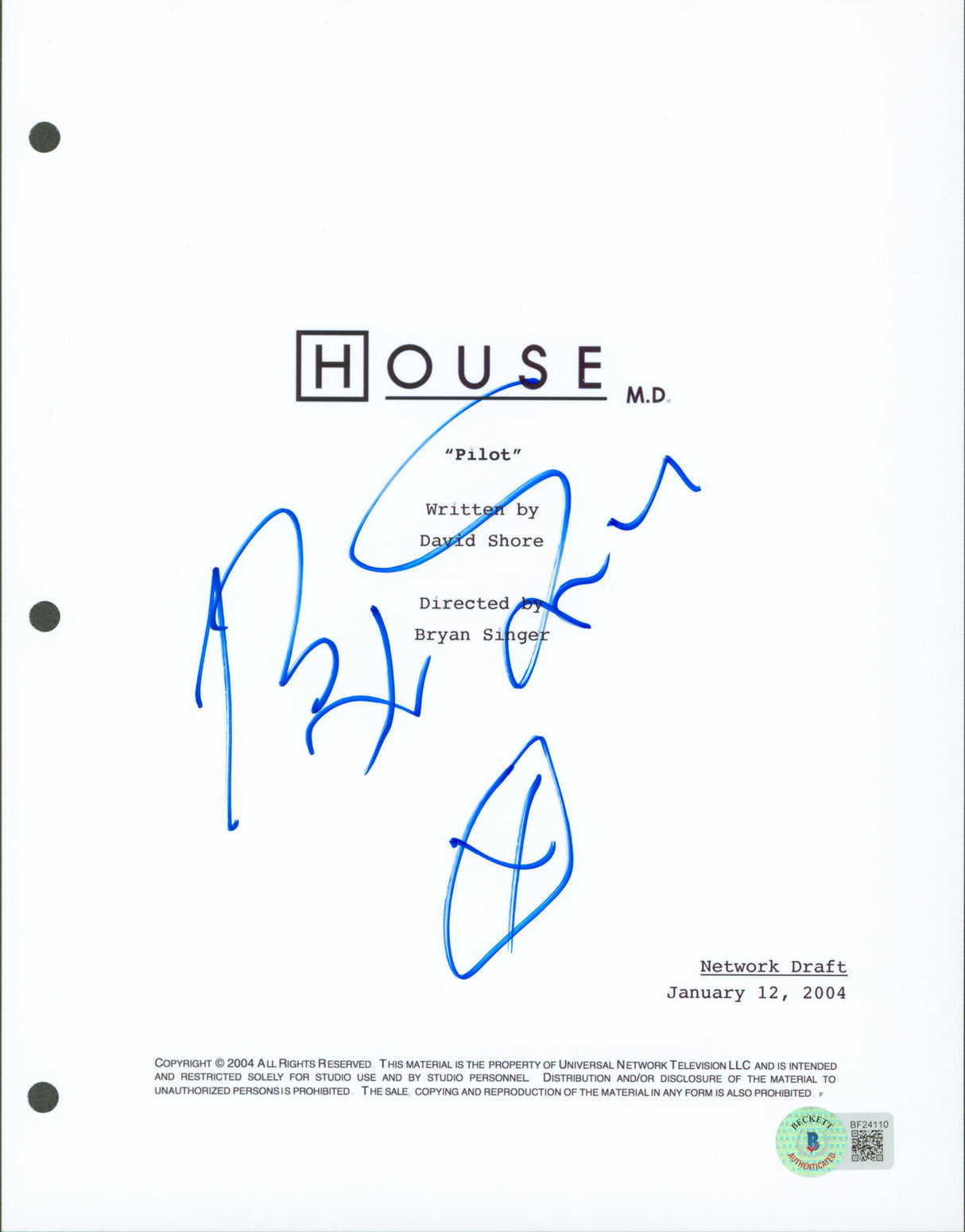 Bryan Singer Authentic Signed 8.5x11 House Script Cover BAS #BF24110