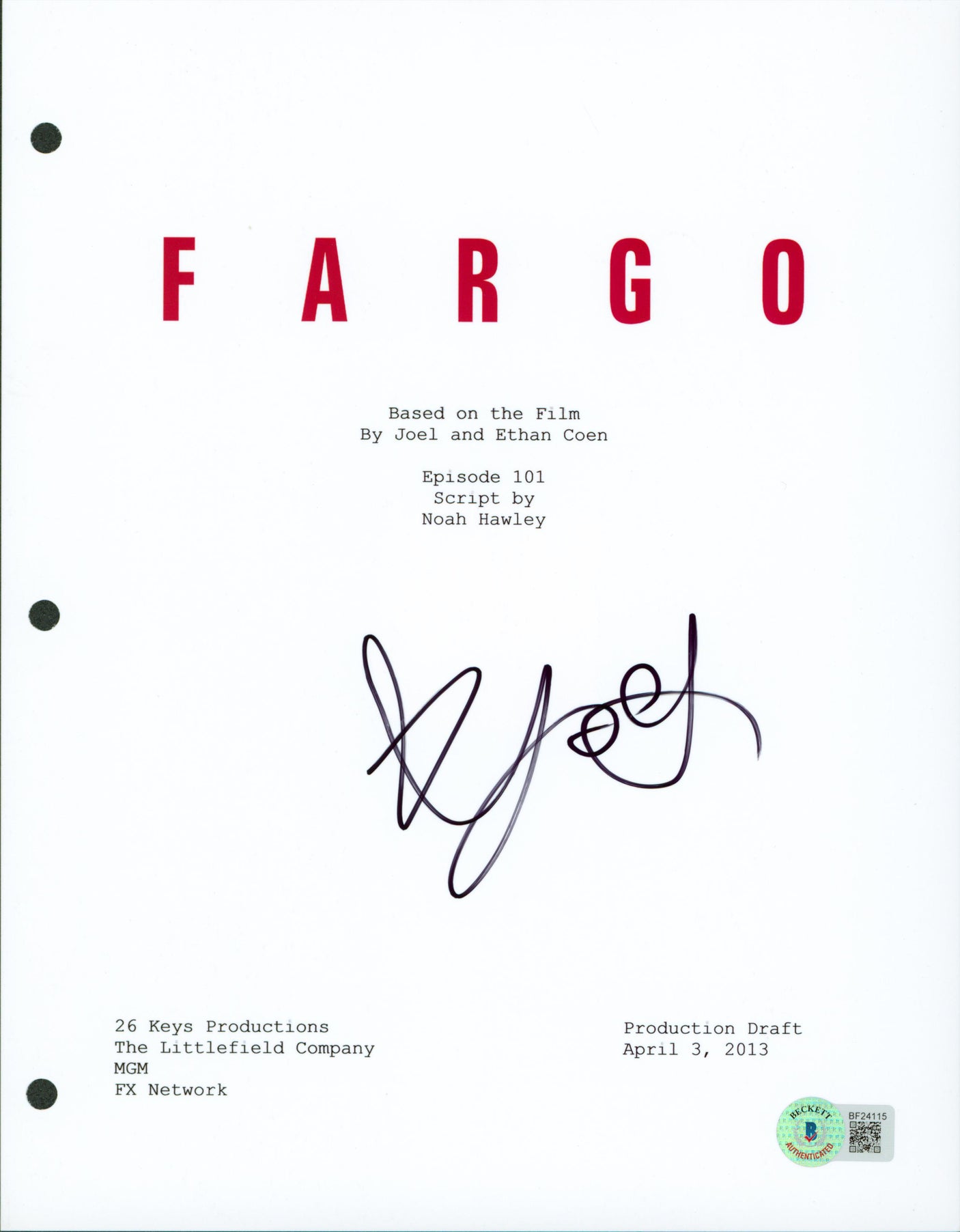 Joey King Fargo Authentic Signed 8.5x11 Fargo Script Cover BAS #BF24115