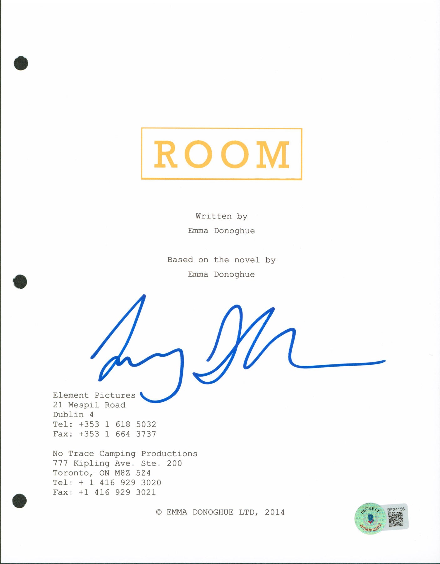 Lenny Abrahamson Room Authentic Signed 8.5x11 Room Script Cover BAS #BF24156