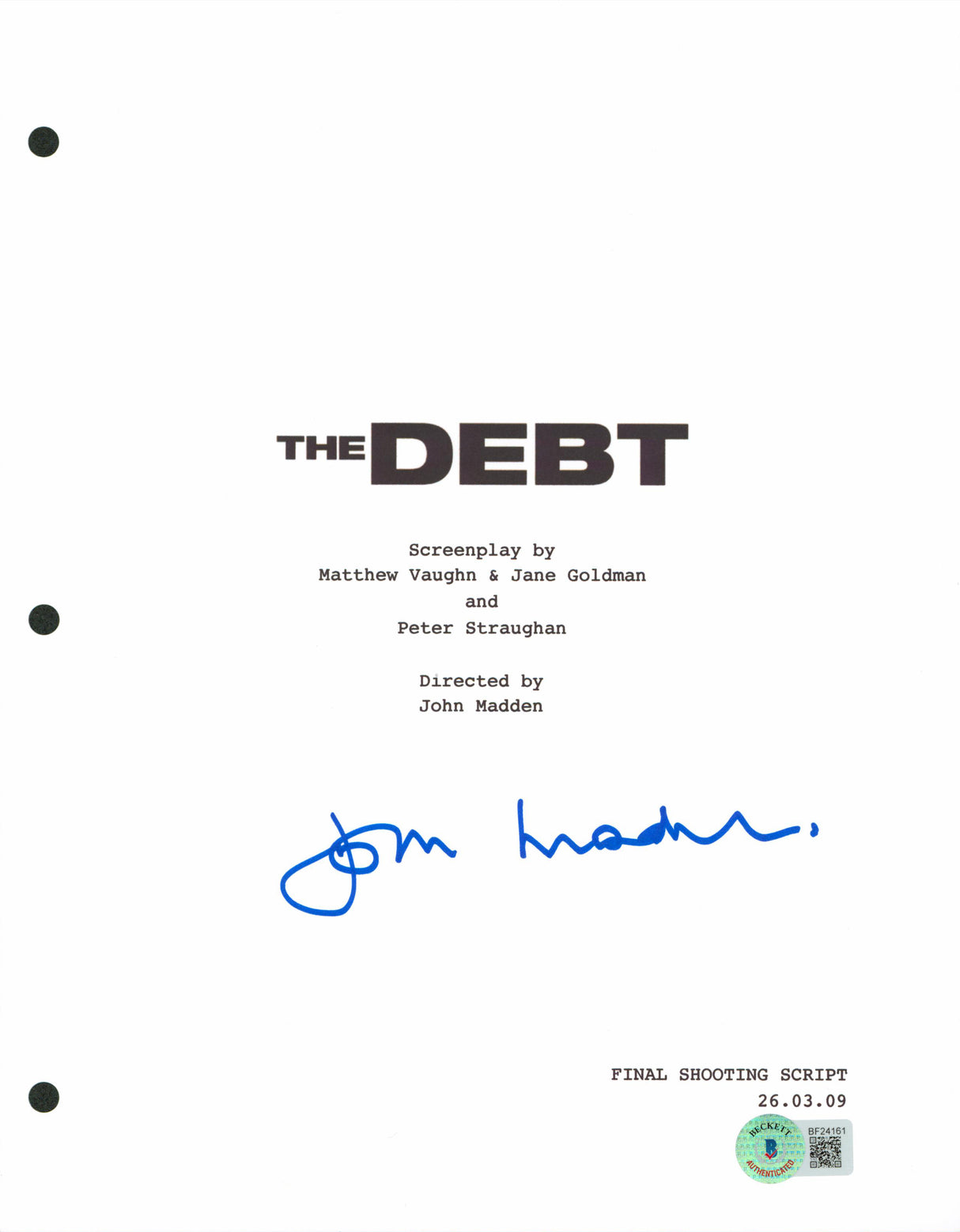 John Madden The Debt Authentic Signed 8.5x11 The Debt Script Cover BAS #BF24161