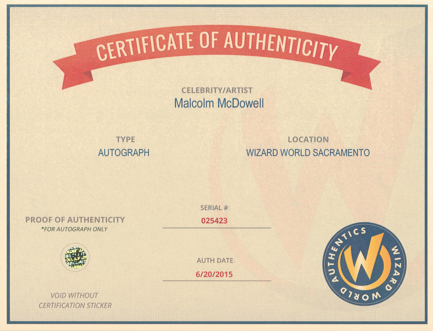 Malcolm McDowell Aces High Authentic Signed 8x10 Photo Autographed Wizard World