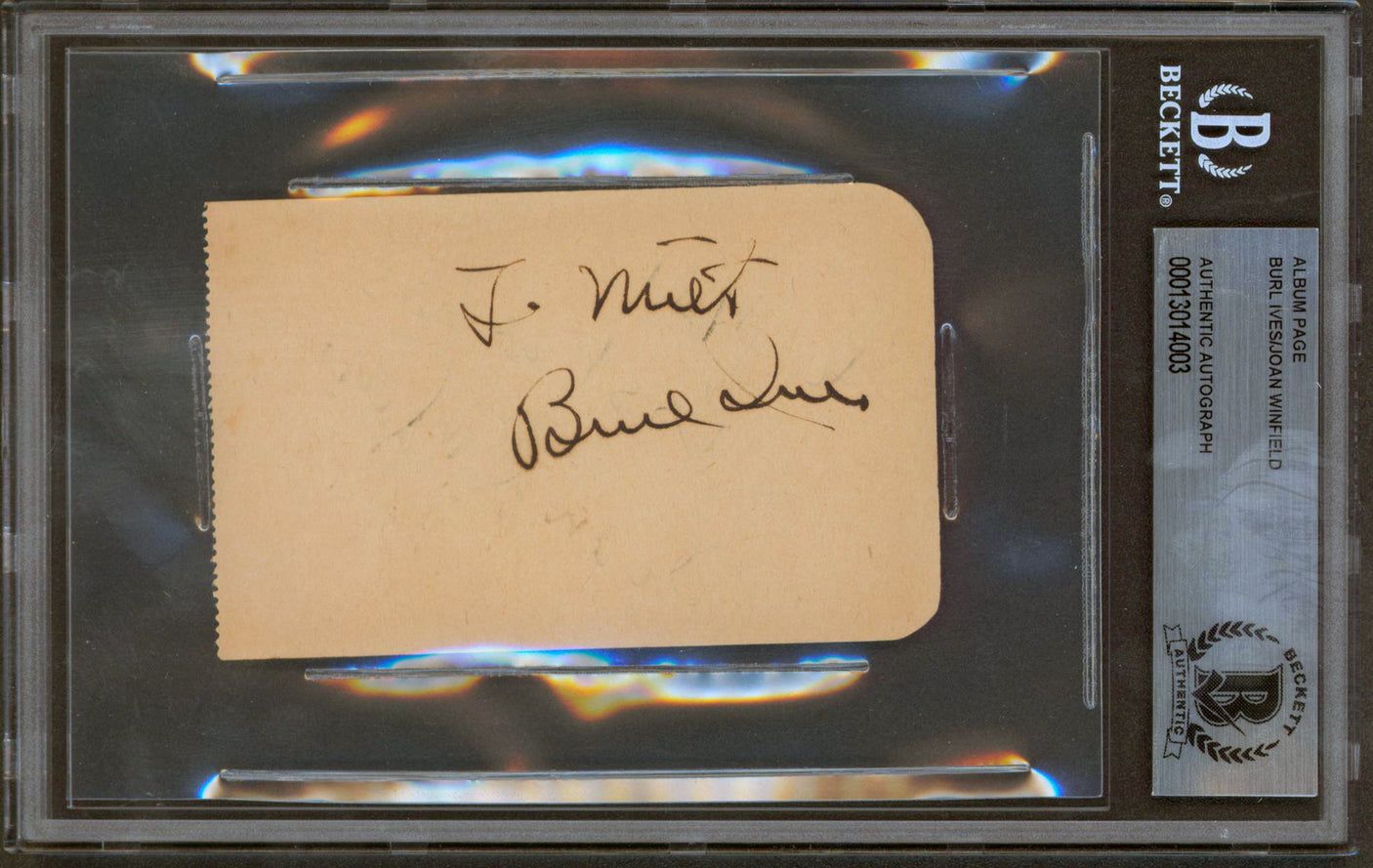 Burl Ives & Joan Winfield Authentic Signed 2.4x3.85 Album Page BAS Slabbed