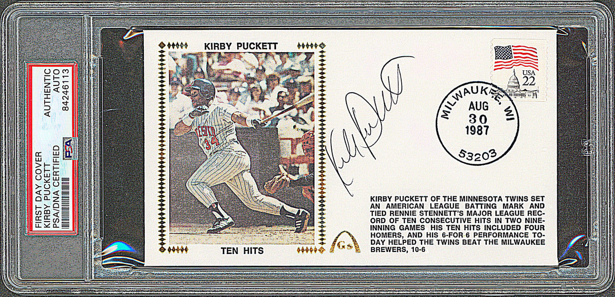 Twins Kirby Puckett Signed First Day Cover Postmarked August 30, 1987 PSA Slab
