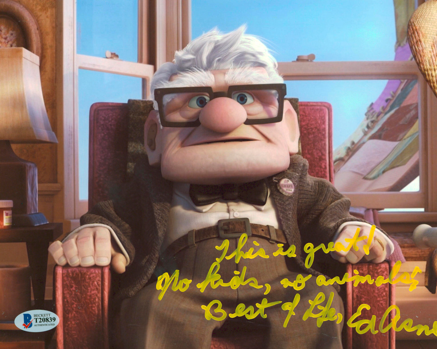 Ed Asner Up "This Is Great! No Kids, No Animals!" Signed 8x10 Photo BAS #T20839