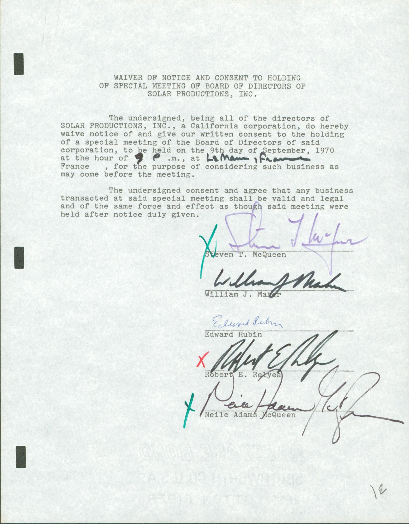 Steve McQueen Signed 8.5x11 1970 Solar Products BOD Contract Signature Page BAS