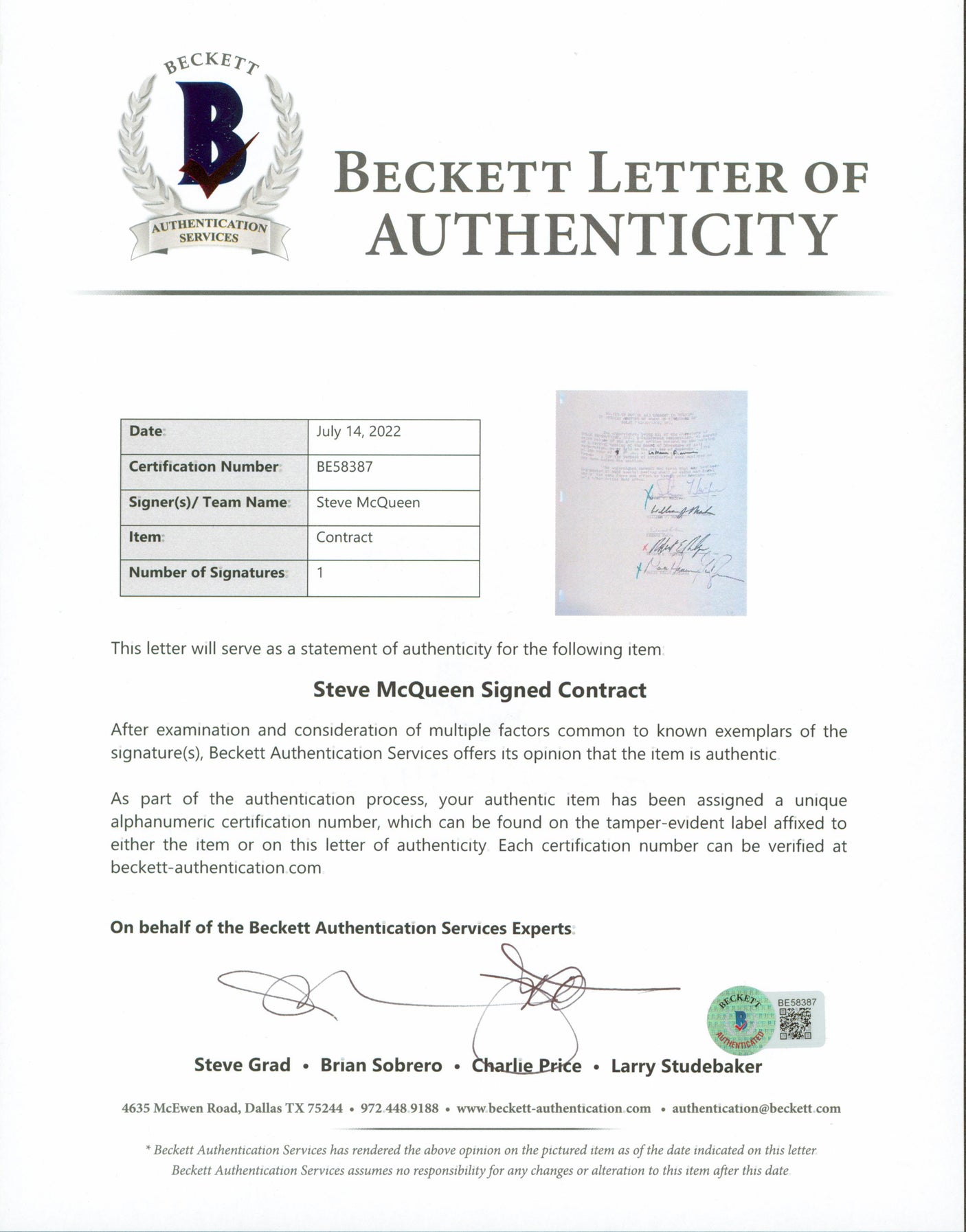 Steve McQueen Signed 8.5x11 1970 Solar Products BOD Contract Signature Page BAS