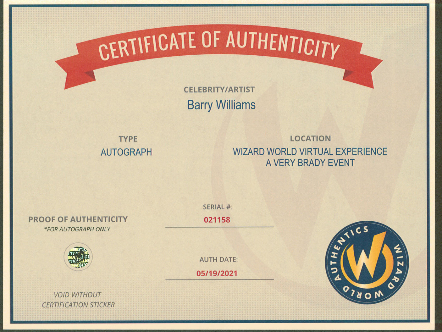 Barry Williams The Brady Bunch Authentic Signed 8x10 Photo Wizard World 1