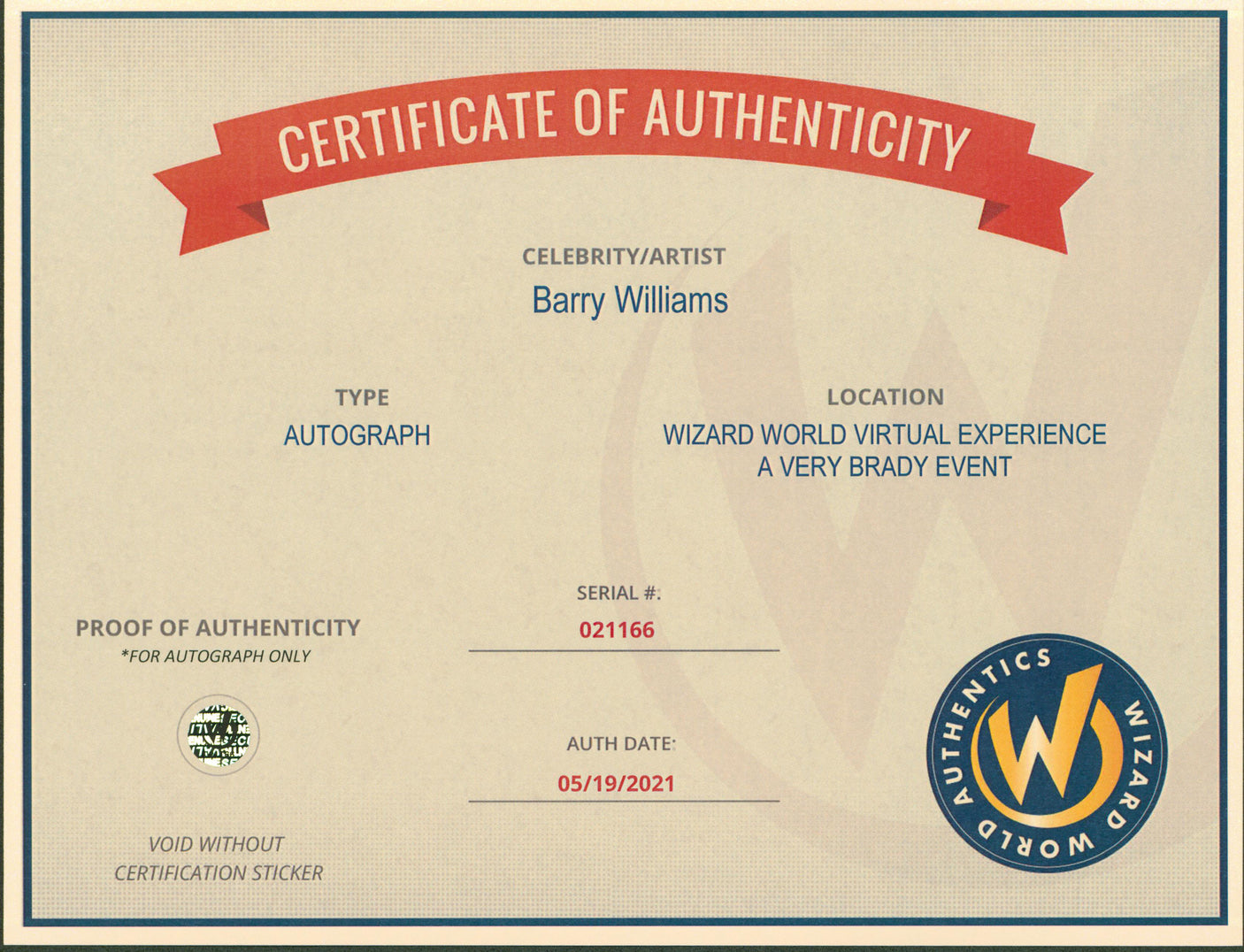 Barry Williams The Brady Bunch Authentic Signed 8x10 Photo Wizard World #021166
