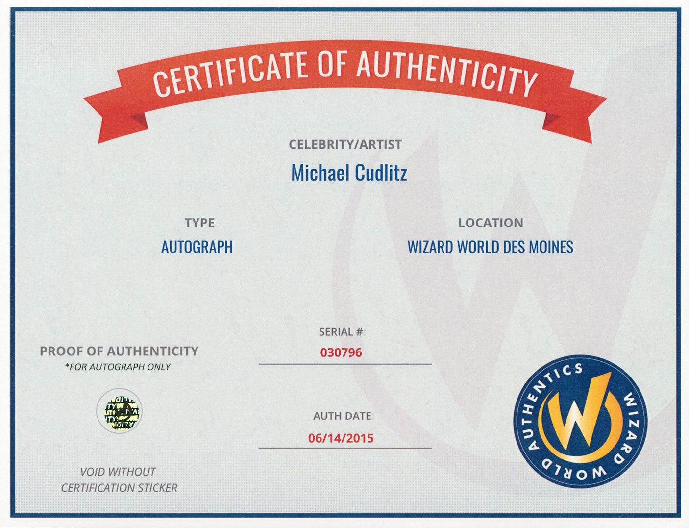 Michael Cudlitz Band of Brothers Authentic Signed 8x10 Photo Wizard World