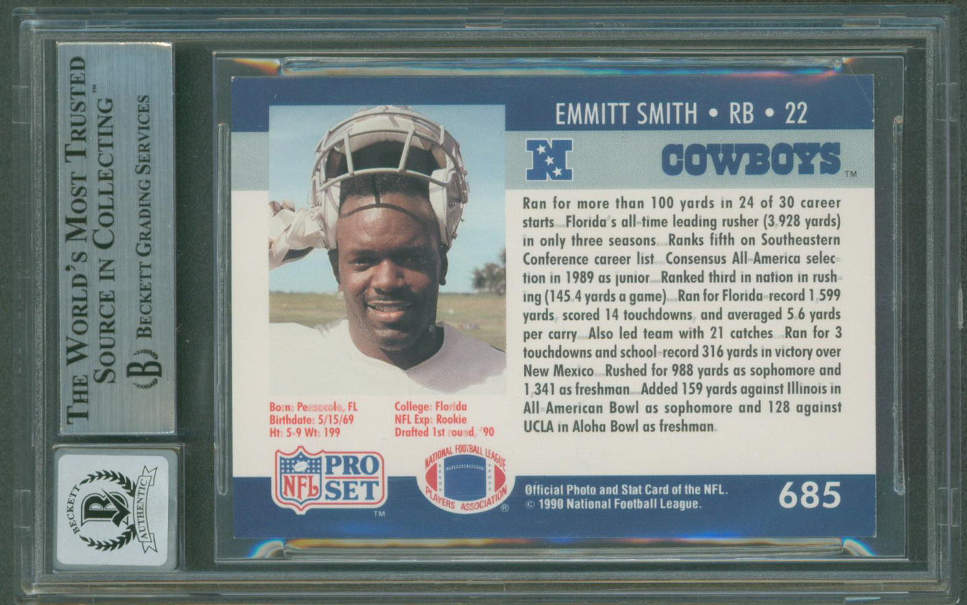 Cowboys Emmitt Smith Signed 1990 Pro Set #685 Rookie Card Auto 10! BAS Slabbed