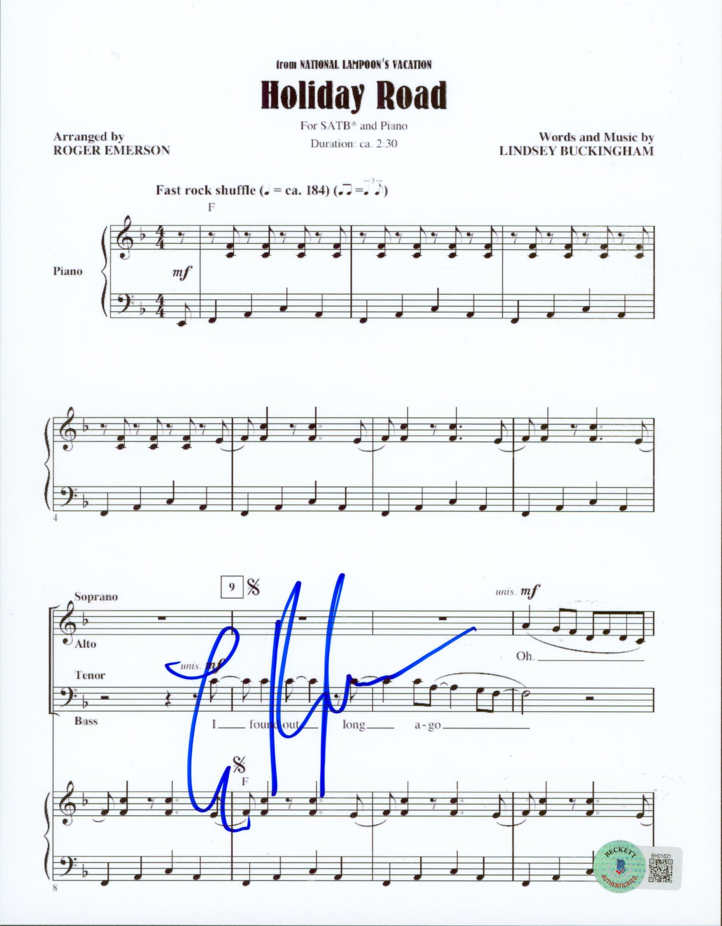 Lindsey Buckingham Signed 8.5x11 Holiday Road Music Sheet Photo BAS #BH01621