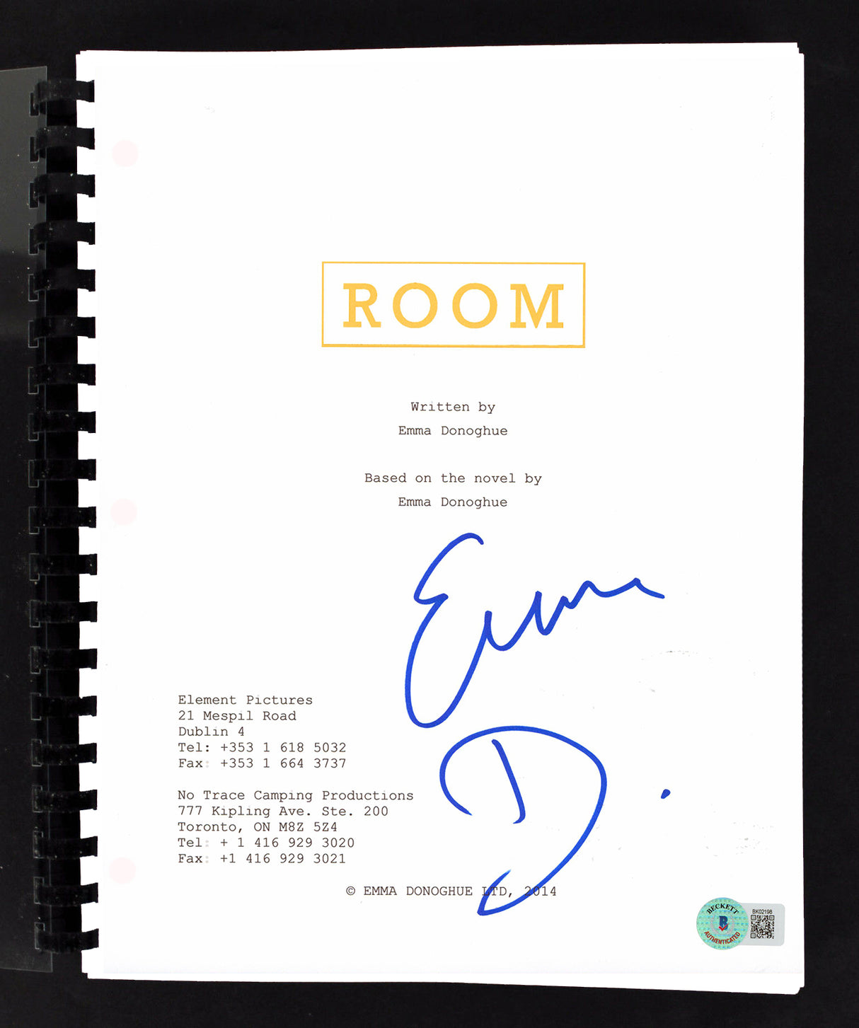 Emma Donoghue Room Authentic Signed Movie Script Autographed BAS #BK02198