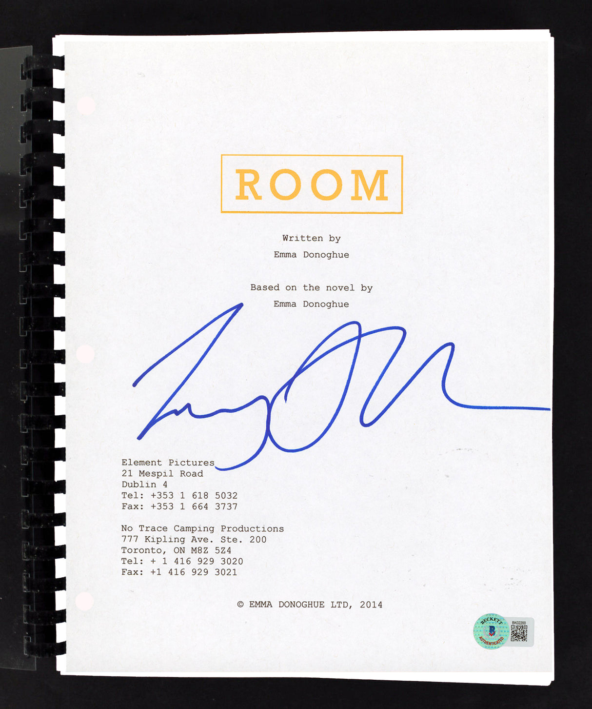 Lenny Abrahamson Room Authentic Signed Movie Script Autographed BAS #BK02200
