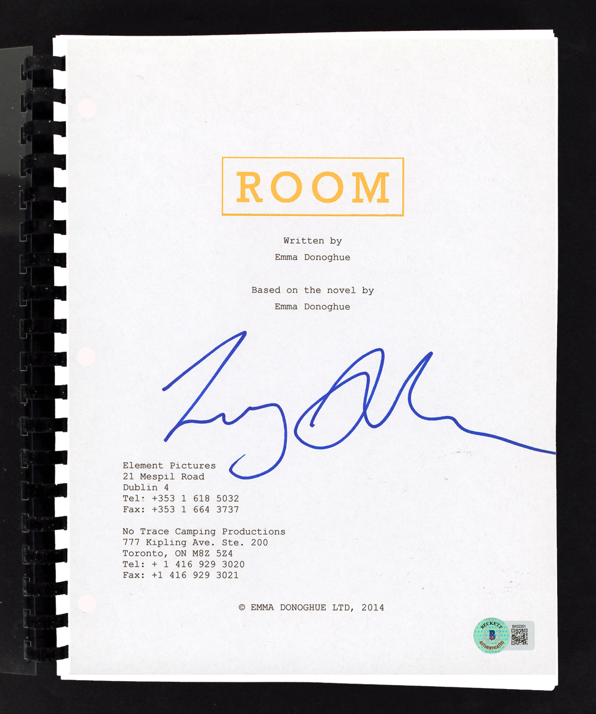 Lenny Abrahamson Room Authentic Signed Movie Script Autographed BAS #BK02201