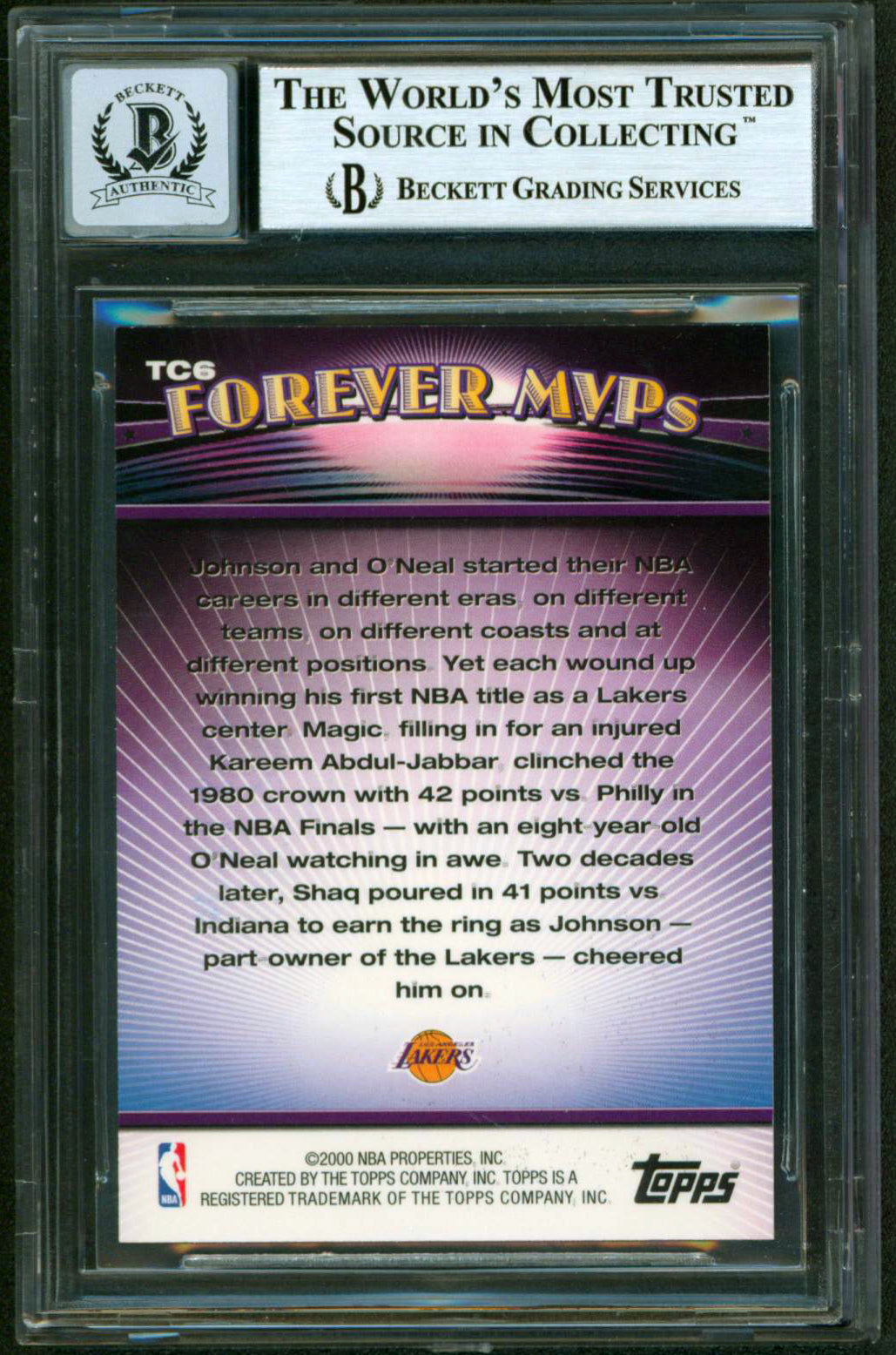 Shaquille O'Neal & Magic Johnson Signed 2000 Topps #TC6 Card Auto 10! BAS Slab