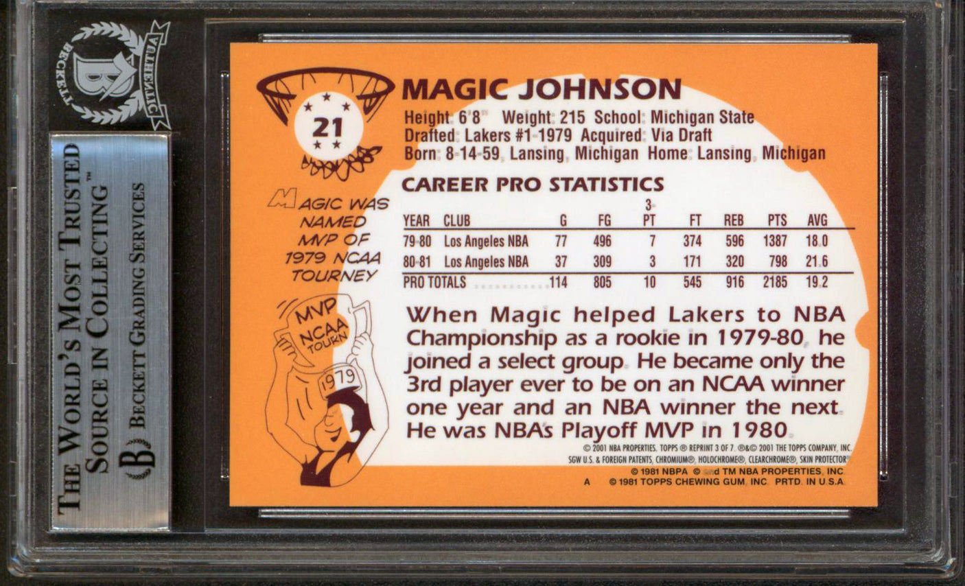 Lakers Magic Johnson Signed 2000 Topps Chrome Reprints #3 Card BAS Slabbed