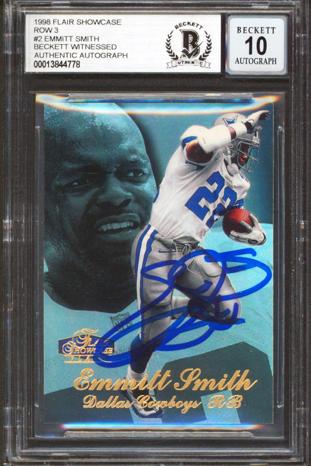 Cowboys Emmitt Smith Signed 1998 Flair Showcase Row 3 #2 Card Auto 10! BAS Slab