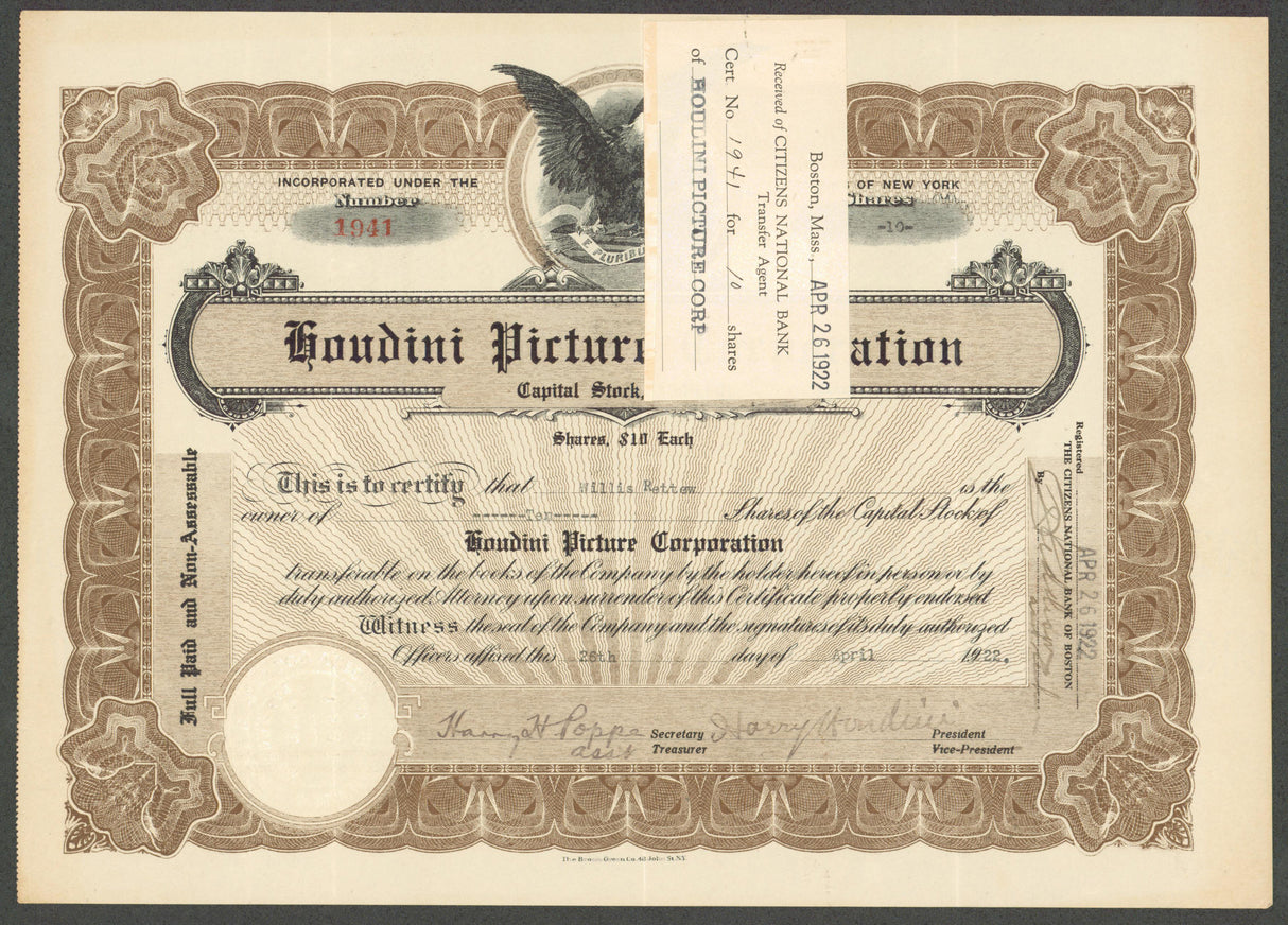 Harry Houdini Signed & Framed 1922 Houdini Picture Corp. Stock Certificate BAS