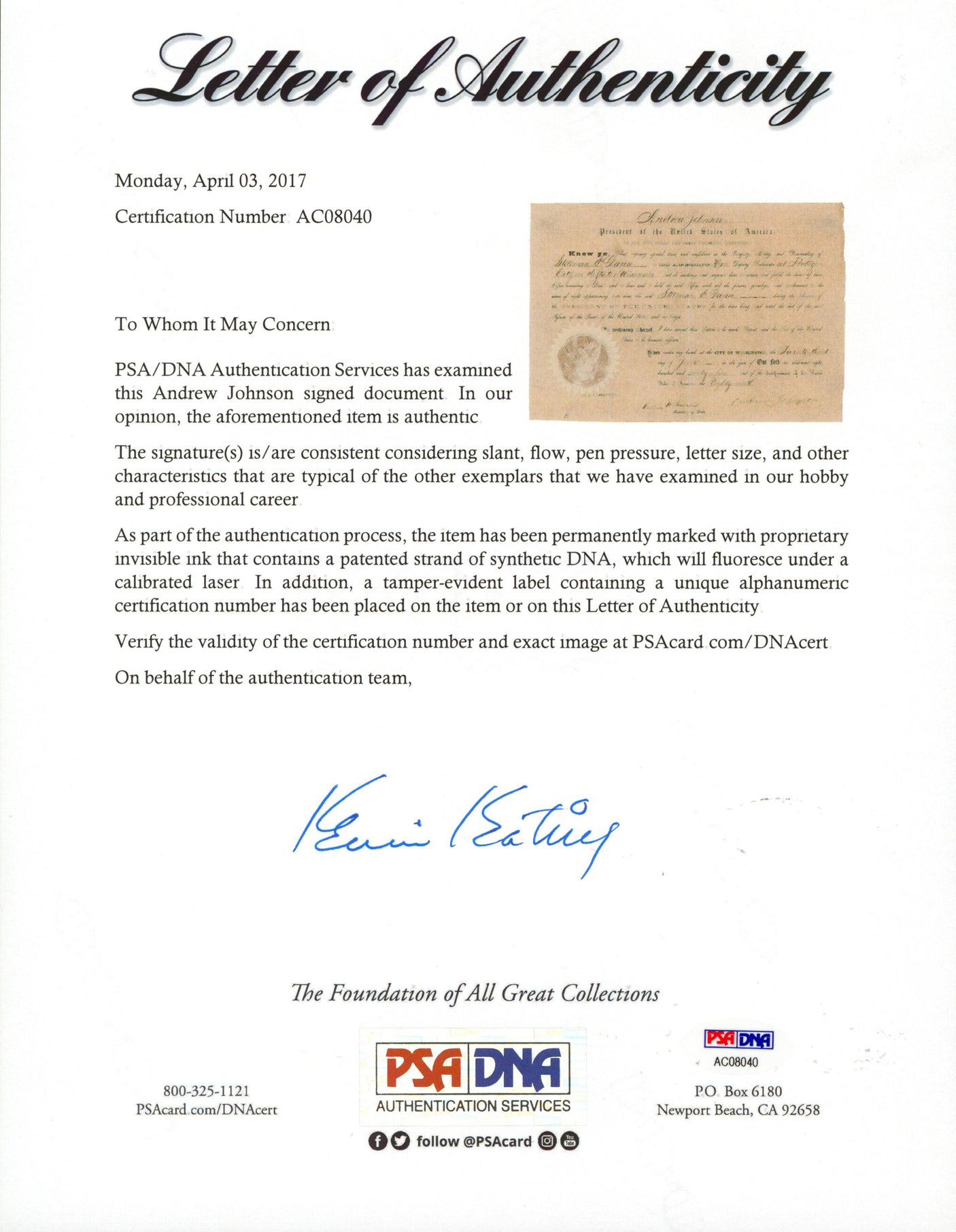Andrew Johnson Signed 9.65x13.85 1865 Appointment Document PSA/DNA #AC08040