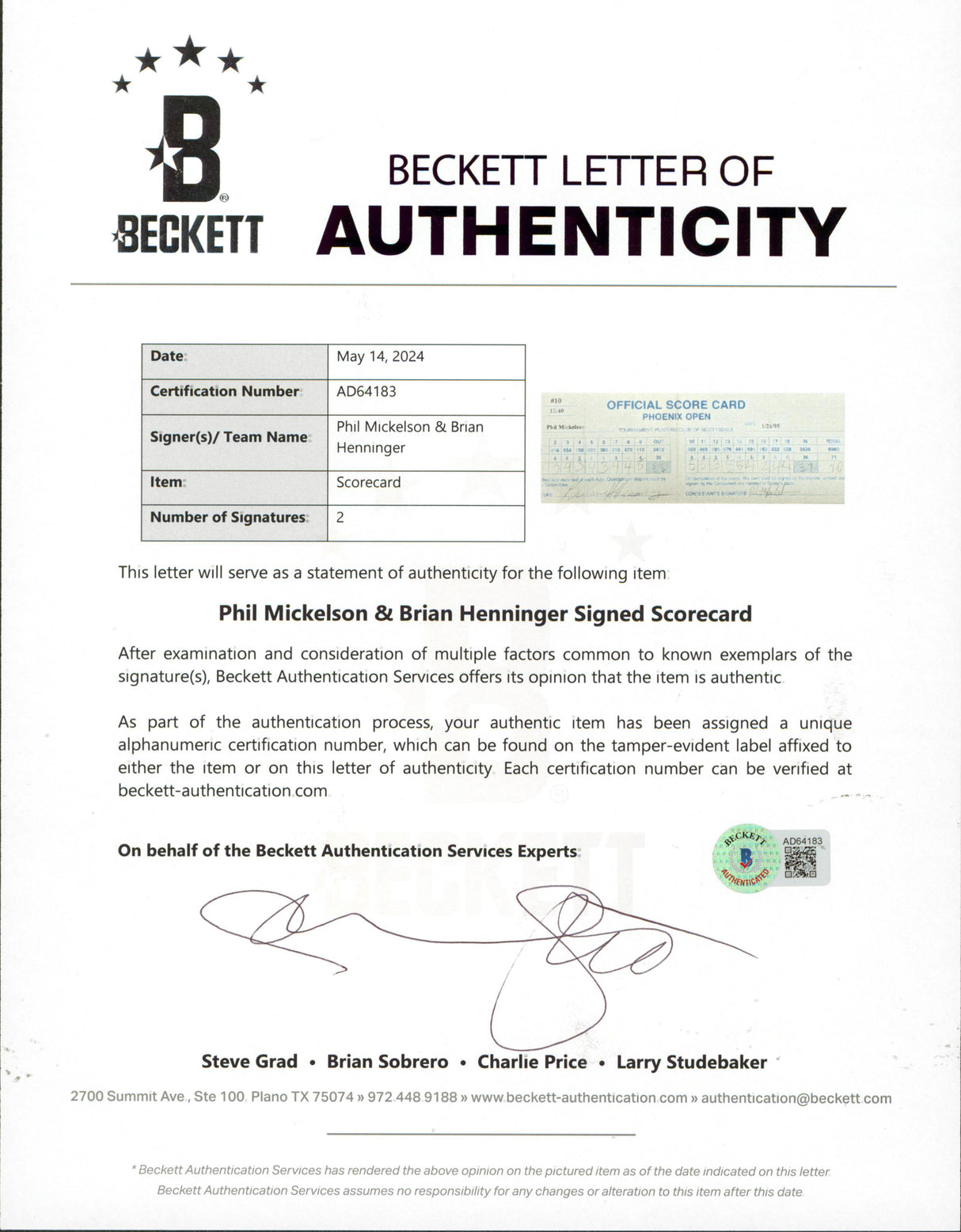 Phil Mickelson & Brian Henninger Signed 1995 Phoenix Open Scorecard BAS #AD64183