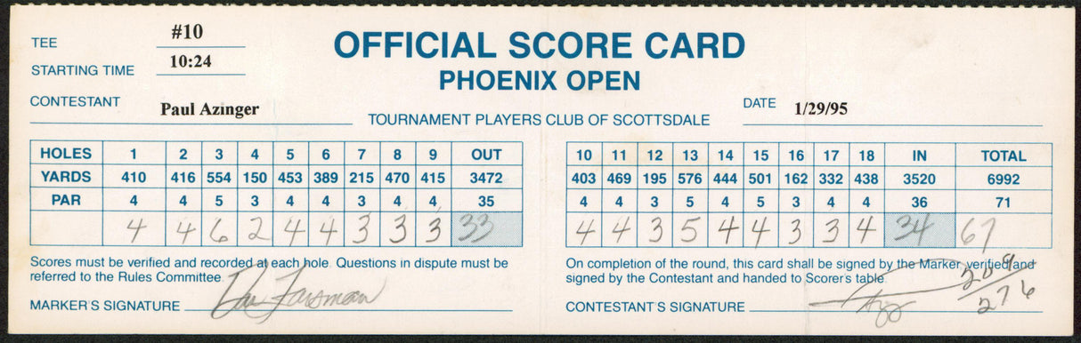 Paul Azinger & Dan Forsman Signed 1995 Phoenix Open Score Card BAS #AD97806