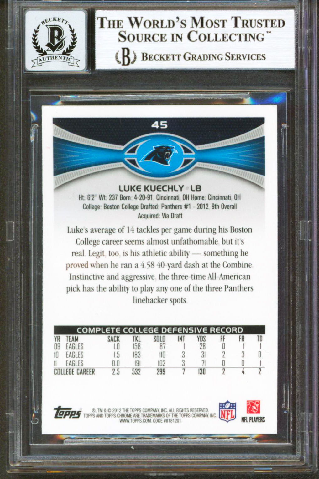 Panthers Luke Kuechly Signed 2012 Topps Chrome #45 Rookie Card Auto 10! BAS Slab